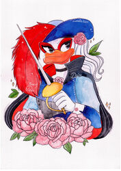  2024 absurd_res anatid anseriform anthro avian bird black_cape black_clothing blue_clothing cape cloak clothing comic_book_character cuffs_(clothing) daisy_and_the_mysteries_of_paris daisy_duck disney duck feathers female flower french_clothing hair hat hat_feather headgear headwear hi_res long_hair loose_feather lunula_(artist) mask masked_female melee_weapon noblewoman plant portrait rapier red_feather red_mask rose_(flower) signature solo sword swordswoman the_rose_of_paris traditional_media_(artwork) warrior weapon white_body white_feathers 