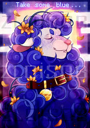  2022 accessory ambiguous_feral ambiguous_gender belt_buckle blue_body blue_eyebrows blue_fur blue_wool bovid buckle caprine character_name circle_eyebrows closed_eyes cloud collar collar_tag curled_fur detailed_background dream_smp english_text eyebrows feral flower flower_in_hair freckles friend_the_sheep fur glistening grey_body grey_fur hair hair_accessory hi_res mammal outside petals pink_inner_ear pink_nose plant red_collar shaded sheep sky smile solo sun text watermark wool_(fur) zloisobaken 