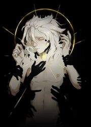  1boy absurdres albedo_(genshin_impact) black_background closed_eyes disembodied_hand faulti_er genshin_impact hands_up highres looking_down male_focus medium_hair messy_hair nipples pectorals skinny solo sparkle star_(symbol) too_many_hands white_eyelashes white_hair 