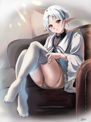  :o absurdres ahoge blush couch elf feet female full_body grey_shorts highres indoors jacket long_sleeves looking_at_viewer mushoku_tensei on_couch orange_eyes pointy_ears ranoa_magic_academy_school_uniform school_uniform short_hair shorts signature sitting solo sylphiette_(mushoku_tensei) thighhighs thighhighs_pull thighs white_hair white_jacket white_thighhighs wide_sleeves yujin_(kanouyuuto-0423) zettai_ryouiki 