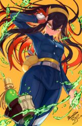  belt belt_buckle black_hair blue_jacket blue_pants breasts buckle carmine_(pokemon) closed_mouth commentary_request fanny_pack female floating_hair gloves hair_between_eyes hairband hand_up highres holding holding_poke_ball jacket long_hair looking_down mochachiiino pants partially_fingerless_gloves poke_ball poke_ball_(basic) pokemon pokemon_sv red_gloves single_glove sinistcha smile yellow_background yellow_bag yellow_eyes yellow_hairband zipper_pull_tab 