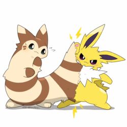  1:1 ambiguous_gender animated black_eyes brown_stripes eeveelution furret generation_1_pokemon generation_2_pokemon jolteon nintendo pawpads pink_pawpads pokemon pokemon_(species) short_playtime simple_background static static_cling static_electricity stripes tan_body tontaro white_background white_body yellow_body 