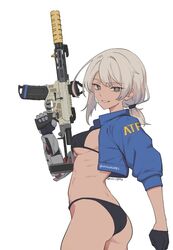  aac_honey_badger ass atf bikini black_bikini black_gloves blue_jacket breasts commentary cowboy_shot cropped_jacket english_commentary eri_(uragoner) female gloves grey_eyes grin gun half_gloves jacket kuso_otoko light_brown_hair looking_at_viewer medium_breasts parted_lips ponytail prosthesis prosthetic_arm ribs rifle ringed_eyes short_hair short_sleeves simple_background single_glove smile solo suppressor swimsuit tan trigger_discipline twitter_username uragoner weapon white_background 