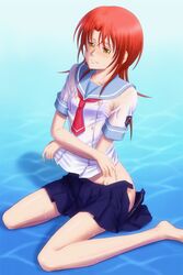  bare_legs barefoot blue_sailor_collar blue_skirt blush bonnie_(rsg) closed_mouth feet_out_of_frame female groin hair_between_eyes hino_kahoko la_corda_d&#039;oro long_hair miniskirt neckerchief no_panties open_clothes open_skirt pleated_skirt red_hair red_neckerchief sailor_collar sailor_shirt school_uniform serafuku shirt short_sleeves skirt solo straight_hair wet wet_clothes wet_shirt white_shirt yellow_eyes 