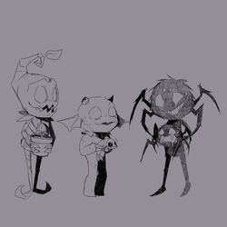  1:1 ambiguous_gender anthro arachnid arthropod black_body black_fur broken_horn don&#039;t_starve elemental_creature elemental_humanoid female flora_fauna frill_(anatomy) fur group hi_res horn humanoid klei_entertainment male merm monochrome neck_frill plant plant_humanoid plantigrade spider trio webber white_eyes wormwood wurt 