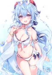  absurdres amaki_ruto bare_shoulders bikini blue_hair blush bracelet breasts cleavage collarbone eyewear_on_head female flower ganyu_(genshin_impact) genshin_impact heart heart-shaped_eyewear highres horns jewelry long_hair looking_at_viewer medium_breasts navel open_mouth pulling_own_clothes purple_eyes ribbon scan shiny_skin smile solo stomach sunglasses swimsuit thigh_strap thighs water water_drop wet 