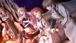  2boys 2girls ^_^ alto_travers animal_ears animal_feet animal_hands animal_nose armored_boots armored_gloves atelier-moo bare_shoulders belt bonfire boots breasts brown_hair closed_eyes closed_mouth curtained_hair dark_elf detached_sleeves dog_boy dog_ears elf full_body hair_between_eyes highres large_breasts long_hair long_pointy_ears long_sleeves miniskirt multiple_boys multiple_girls night night_sky open_mouth pointy_ears purple_hair red_hair short_hair side_ponytail sideboob silvia_milsteen sitting skirt sky sleeveless spica_celest standing tail thighs very_long_hair volk_dartfang wizards_symphony wolf_boy wolf_tail yellow_eyes zettai_ryouiki 