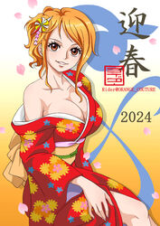  alternate_costume armpit_crease artist_name blush breasts brown_eyes cherry_blossoms cleavage commentary_request dated earrings falling_petals feet_out_of_frame female floral_print gradient_background hair_ornament hand_on_own_thigh heart highres japanese_clothes jewelry kimono large_breasts long_sleeves looking_at_viewer medium_hair nami_(one_piece) obi obijime off_shoulder one_piece one_side_up orange_hair orange_sash parted_lips petals red_kimono rider_(orange_couture) sash sidelocks single_bare_shoulder sitting solo swept_bangs twitter_username wide_sleeves 