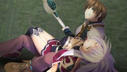  1boy alto_travers atelier-moo belt breasts brown_hair carrying cloak closed_eyes closed_mouth commentary_request dark_elf elf female full_body garter_straps green_eyes hair_between_eyes holding holding_staff large_breasts long_hair long_pointy_ears long_sleeves lying miniskirt pointy_ears princess_carry purple_cloak purple_hair short_hair silvia_milsteen skirt staff thighhighs thighs unconscious very_long_hair wizards_symphony zettai_ryouiki 