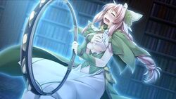  atelier-moo braid breasts cleavage closed_eyes female full_body hair_between_eyes hair_ribbon highres holding holding_instrument indoors instrument large_breasts long_hair narrow_waist nina_lazydaisy open_mouth pink_hair ribbon sitting solo tambourine tearing_up twin_braids very_long_hair wavy_mouth wizards_symphony 