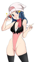  :o alternate_costume bad_id bad_pixiv_id beanie black_thighhighs blue_eyes bra breasts cleavage commentary cowboy_shot dawn_(pokemon) eyelashes female hair_ornament hairclip hat head_tilt highleg highleg_leotard highres holding holding_poke_ball leotard long_hair open_mouth pabsmikan pink_leotard pink_scarf poke_ball poke_ball_(basic) pokemon pokemon_(anime) pokemon_dppt_(anime) scarf simple_background solo star_(symbol) strap_slip thighhighs underwear white_background white_bra white_hat 