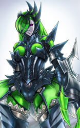  armor armored_bodysuit astalos_(armor) bodysuit claws commentary_request commission female full_armor green_bodysuit green_hair hair_over_one_eye highres looking_at_viewer mask monster_hunter_(character) monster_hunter_(series) purple_eyes ribimura simple_background skeb_commission solo standing 