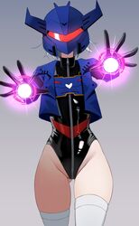  absurdres ass_visible_through_thighs assault_visor black_gloves black_leotard blue_jacket commentary_request female flat_chest genderswap_(mtf) gloves grey_background grey_hair groin helmet highres humanization idzuki_kenkyu-in jacket leotard open_hands red_visor rule_63 short_hair solo soundwave_(transformers) thighhighs transformers transformers:_earthspark white_thighhighs 