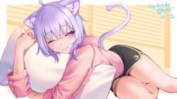  ahoge animal_ears black_footwear cat_ears cat_tail character_name closed_mouth dated dolphin_shorts female happy_birthday hat hololive hood hoodie long_sleeves mob_cap nekomata_okayu pink_eyes pink_hair pink_hoodie short_hair shorts smile solo tail thighs virtual_youtuber wings yasawa_kichi 