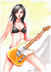  beck bikini black_bikini breasts commentary electric_guitar english_commentary female fender_telecaster guitar guitar_strap hair_over_one_eye highres holding holding_guitar holding_instrument instrument medium_hair minami_maho music playing_guitar playing_instrument sasori-sanin scan shadow simple_background solo spread_legs swimsuit traditional_media unplugged yellow_background 