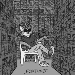  1:1 2023 anthro bottomwear burger_king burger_king_crown clothing collared_shirt countershade_face countershading crocs eyewear felid feline footwear funko_pop! holding_object humanoid inktober inktober_2023 lawn_chair lynx male mammal monochrome pants ricky_arts smug_face solo sunglasses tufted_ears 