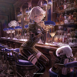  9lana absurdres album_cover alcohol bag bar_(place) black_dress black_footwear black_gloves blue_eyes boots breasts cocktail_glass cover cup denn_(naluse_flow) dress drinking_glass earrings elbow_gloves female fingerless_gloves garter_straps gloves grey_hair hair_between_eyes handbag highres indie_utaite jewelry looking_at_viewer multiple_rings official_art open_mouth puffy_short_sleeves puffy_sleeves ring short_hair short_sleeves sitting small_breasts smile solo song_name thigh_boots utaite 