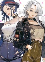  2girls black_choker black_hair black_jacket breasts choker choujin_x hair_bun hand_in_pocket ishida_sui jacket large_breasts long_hair looking_at_viewer midriff multiple_girls official_art third-party_source tsumuji_nari_(choujin_x) white_background white_hair yubiko_(choujin_x) 