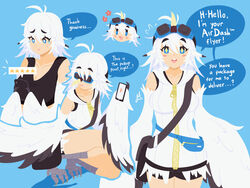  bag bare_shoulders bird_legs blue_background blush_stickers breasts bright_pupils cellphone cleavage commentary dress english_commentary english_text fake_beak fanny_pack feathers female goggles goggles_on_head hair_between_eyes harpy highres holding holding_phone jaya_(lightklok) lightklok medium_breasts medium_hair messenger_bag monster_girl multiple_views on_branch open_mouth original phone shoulder_bag sleeveless sleeveless_dress smartphone speech_bubble talons teeth two-tone_wings upper_teeth_only white_dress white_feathers white_hair white_pupils white_wings winged_arms wings zipper_dress 