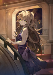  absurdres bare_shoulders black_nails black_scarf bow bracelet breasts column crossed_bangs dress evening_gown female floating_hair formal from_behind girls&#039;_frontline hair_between_eyes hand_on_railing highres indoors jewelry light_brown_hair light_particles long_hair looking_at_viewer looking_back official_alternate_costume one_side_up parted_lips pillar purple_bow purple_dress sakanafish scarf sidelocks small_breasts smile stairs sunlight ump45_(diamond_flower)_(girls&#039;_frontline) ump45_(girls&#039;_frontline) very_long_hair waist_bow yellow_eyes 