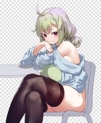  araga_kiwi black_thighhighs blue_shirt breasts breasts_on_thighs chair checkered_background closed_mouth commentary_request fairyfloss female green_hair large_breasts looking_at_viewer mahou_shoujo_ni_akogarete mole mole_under_eye no_panties off-shoulder_shirt off_shoulder on_chair red_eyes shirt short_hair sitting smile solo thighhighs thighs 