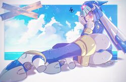  armor ass blue_armor blue_helmet blush boots cang_she cloud fairy_leviathan_(mega_man) female forehead_jewel full_body glint helmet highres mega_man_(series) mega_man_zero_(series) ocean purple_eyes sky solo thigh_boots thrusters wet 