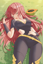  breasts closed_eyes female fire_emblem fire_emblem_engage food fruit highres long_hair lying medium_breasts on_back on_grass open_mouth outdoors papaya red_hair revvie sleeping solo yunaka_(fire_emblem) 