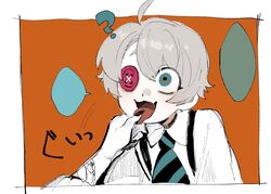  1boy ? ahoge black_nails blank_speech_bubble blue_eyes blue_necktie button_eyes buttons collared_shirt commentary_request disembodied_hand fingernails grey_hair hand_in_another&#039;s_mouth hand_up long_sleeves looking_at_viewer maddy_(minai_mosa) male_focus minai_mosa necktie oerba_yun_fang open_mouth orange_background original sharp_fingernails shirt short_hair simple_background skin_fang solo_focus speech_bubble striped_necktie suspenders tongue tongue_out white_shirt 