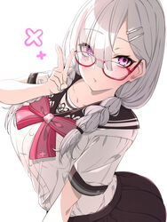  absurdres blush bow braid breasts female glasses grey_hair hair_ornament hair_over_one_eye highres large_breasts long_hair looking_at_viewer mole mole_under_eye nijisanji purple_eyes school_uniform serafuku shirt skirt solo sukoya_kana sukoya_kana_(3rd_costume) twintails virtual_youtuber white_hair yunon_oto_mad 