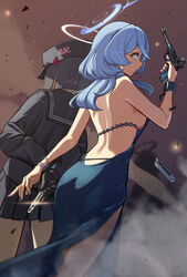  3girls ako_(blue_archive) ako_(dress)_(blue_archive) backless_dress backless_outfit black_gloves black_hair black_hat black_shirt black_skirt blue_archive blue_dress blue_eyes blue_hair bracelet breasts debris dress dust glint gloves gun halo hand_up handgun hat highres holding holding_gun holding_magazine_(weapon) holding_weapon jewelry long_hair long_sleeves luger_p08 magazine_(weapon) medium_breasts miniskirt multiple_girls official_alternate_costume pleated_skirt prefect_team_member_(blue_archive) sailor_collar shirt short_hair side_slit sideboob silhouette skirt standing weapon yakupan 