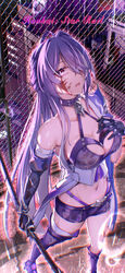  absurdres acheron_(honkai:_star_rail) asymmetrical_footwear asymmetrical_gloves bandaged_leg bandages black_gloves boots breasts chain-link_fence chains choker cleavage commentary_request copyright_name elbow_gloves fall4592 female fence gloves hand_on_own_chest high_heel_boots high_heels highres holding holding_sword holding_weapon honkai:_star_rail honkai_(series) katana large_breasts long_hair looking_at_viewer midriff navel open_mouth purple_choker purple_eyes purple_footwear purple_hair purple_shorts rain scabbard sheath sheathed short_shorts shorts solo standing stomach sword thigh_boots thighs very_long_hair weapon 