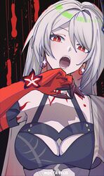  absurdres acheron_(honkai:_star_rail) artist_name breasts cleavage commentary fangs female grey_hair halterneck highres honkai:_star_rail honkai_(series) long_hair looking_at_viewer nocta_felis official_alternate_color open_mouth red_eyes single_bare_shoulder solo upper_body very_long_hair 