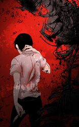  1boy ajin_(sakurai_gamon) back black_hair blood blood_on_clothes blood_on_knife blood_stain ghost highres holding holding_knife ibm_(ajin) implied_self-mutilation knife male_focus nagai_kei red_background rubbing_neck shirt signature torn_clothes white_shirt yayebiu 