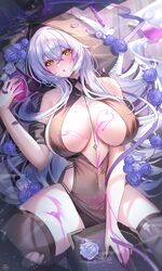  absurdres arkhangelsk_(azur_lane) arkhangelsk_(supporting_sorceress)_(azur_lane) azur_lane bare_shoulders black_thighhighs blush breasts cleavage commentary covered_navel crossed_bangs female flower hair_between_eyes hand_up highres large_breasts long_hair lying official_alternate_costume on_back parted_lips petals pubic_tattoo solo tansuan_(ensj3875) tattoo thighhighs thighs torn_clothes torn_thighhighs white_hair yellow_eyes 