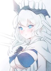  abyssal_ship black_gloves blue_eyes blush breasts capelet cleavage clenched_hand covered_nipples european_princess female fingerless_gloves gloves grey_background hat kantai_collection large_breasts long_hair looking_at_viewer pale_skin simple_background solo tomamatto upper_body white_background white_capelet white_hair 