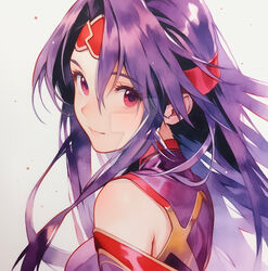  ai-generated bare_shoulders commentary english_commentary female hair_ornament headband konno_yuuki_(sao) long_hair looking_at_viewer painting_(medium) purple_hair red_eyes simple_background solo sword_art_online traditional_media watercolor_(medium) white_background xabsolitex1 yuuki_(sao) 