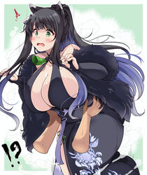  !? absurdres alternate_breast_size animal_ears black_gloves black_hair blue_archive blue_hair blush border breasts cleavage collarbone commentary_request disembodied_hand dress feet_out_of_frame female gloves grabbing_another&#039;s_stomach green_background green_eyes highres huge_breasts kurokaze_no_sora long_hair multicolored_hair open_hands open_mouth outside_border shun_(blue_archive) sidelocks solo_focus sweat tareme thick_thighs thighs two-tone_hair white_border 