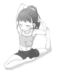  armpits arms_behind_head barefoot black_hair black_shorts camisole closed_eyes closed_mouth collarbone commentary female flexible foot_up fukuyama_mai full_body greyscale idolmaster idolmaster_cinderella_girls midriff monochrome navel nishino_hikoji pants pigeon_pose ponytail scrunchie shadow shorts simple_background solo stretching sweat white_background white_scrunchie yoga yoga_pants 