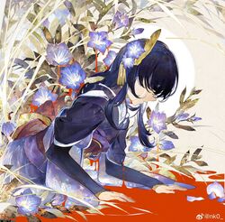  absurdres arm_support black_hair blood blood_from_eyes blood_splatter blue_flower blue_hair bud crying dark_blue_hair female floral_background floral_print flower from_side genshin_impact gentiana_(flower) hair_flower hair_ornament hair_over_eyes hands_on_ground highres japanese_clothes kimono layered_sleeves leaf long_hair long_sleeves lying nnikko obi on_stomach parted_lips petals plant pool_of_blood profile purple_flower purple_kimono raiden_shogun sash solo tassel tassel_hair_ornament tasuki turtleneck upper_body weibo_logo weibo_watermark 