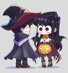  1boy absurdres artist_name black_hair black_wings boots breasts brown_footwear cape chibi cleavage closed_mouth commentary dress face-to-face female full_body halloween hat highres holding horns j_humbo jack-o&#039;-lantern komi-san_wa_komyushou_desu komi_shouko loafers long_hair long_sleeves looking_at_another no_mouth no_nose pants profile purple_eyes purple_hair shoes signature standing swept_bangs symbol-only_commentary tadano_hitohito torn_cape torn_clothes very_long_hair wings 