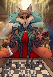  2024 absurd_res alcohol ambiguous_gender anthro arcanaloth_(dnd) beverage blurred_background board_game breasts canid canine casino chair chess chess_board chess_piece clawed_fingers claws clothed clothing container crown cup demon digital_drawing_(artwork) digital_media_(artwork) drinking_glass dungeons_and_dragons duo eye_contact eyebrows eyelashes female female_focus finger_claws first_person_view fox front_view fully_clothed fur furniture glass glass_container glass_cup hasbro headgear hi_res holding_beverage holding_object horn humanoid inside looking_at_another looking_at_viewer mammal medium_breasts orange_body orange_fur patecko planescape_(franchise) red_fox shemeshka_the_marauder_(planescape) sitting smile smirk solo_focus table tiara true_fox wine wine_glass wings wizards_of_the_coast yellow_eyes yugoloth 