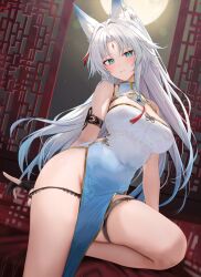  animal_ear_fluff animal_ears architecture armlet bare_legs bare_shoulders black_gloves black_panties blue_dress blue_hair blue_nails blush breasts china_dress chinese_clothes cleavage collar commentary covered_navel dress east_asian_architecture feixiao_(honkai:_star_rail) female foot_out_of_frame forehead_jewel fox_ears fox_girl full_moon gloves gradient_clothes gradient_dress gradient_hair green_eyes highres honkai:_star_rail honkai_(series) jewelry large_breasts legs long_hair looking_at_viewer moon multicolored_hair nail_polish outdoors paid_reward_available panties panty_pull parted_bangs parted_lips ponytail ru_zhai sidelocks sitting smile solo thigh_strap underwear very_long_hair white_collar white_dress white_hair 