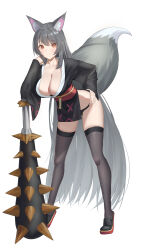  absurdres animal_ear_fluff animal_ears black_footwear black_hair black_kimono black_panties black_thighhighs breasts brown_eyes cleavage closed_mouth club_(weapon) collarbone dos_(ehgns007kr) extra_ears female fox_ears fox_girl fox_tail full_body hand_on_own_cheek hand_on_own_face highres japanese_clothes kimono large_breasts leaning_forward long_hair long_sleeves looking_at_viewer original panties shoes simple_background smile solo spiked_club standing tail thighhighs underwear very_long_hair weapon white_background wide_sleeves 