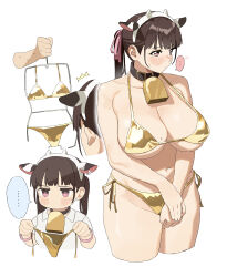  ... absurdres animal_ears averting_eyes bell bikini breasts bright_pupils brown_hair collar commentary_request cow_ears cow_girl_(riki_unc) cow_horns cowbell cowboy_shot cropped_legs embarrassed fake_animal_ears fanged_bangs female gold_bikini highres horns huge_breasts jitome legs_together long_hair micro_bikini mole mole_on_breast mole_on_thigh mole_under_eye multiple_moles navel neck_bell original own_hands_together pink_eyes plump riki_(riki_unc) side-tie_bikini_bottom simple_background standing swimsuit twintails v_arms white_background white_pupils 