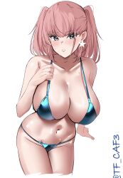  absurdres alternate_costume atlanta_(kancolle) bikini blue_bikini blush breasts brown_hair cleavage cowboy_shot cropped_legs earrings female highres jewelry kantai_collection large_breasts navel one-hour_drawing_challenge parted_lips simple_background solo star_(symbol) star_earrings stomach swimsuit tf_cafe twintails white_background 