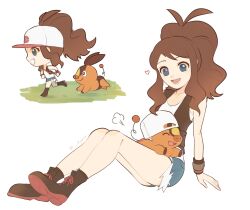  absurdres antenna_hair arm_support boots brown_hair chibi commentary_request exposed_pocket female heart high_ponytail highres hilda_(pokemon) long_hair looking_down open_clothes open_vest pokemon pokemon_(creature) pokemon_bw running ryusa_(gjgd7445) shirt short_shorts shorts sidelocks sitting sleeveless sleeveless_shirt socks tepig vest white_shirt wristband 