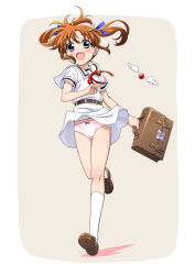  belt blue_ribbon blush bow bow_panties briefcase brown_hair crotch_seam female floating_hair full_body hair_ribbon highres kneehighs loafers long_hair lyrical_nanoha mahou_shoujo_lyrical_nanoha miyajima_hitoshi neck_ribbon open_mouth panties pantyshot pink_panties purple_eyes raising_heart raising_heart_(standby_mode) red_bow red_ribbon revision ribbon running sailor_collar school_briefcase school_uniform shoes short_sleeves smile socks solo takamachi_nanoha twintails two-tone_background underwear white_socks wind wind_lift 