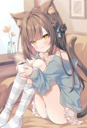  animal_ear_fluff animal_ears ass blue_jacket blush brown_hair cat_ears cat_girl cat_tail closed_mouth collarbone commentary_request cup dress fang_out feet_out_of_frame female frilled_dress frills hair_bun highres holding holding_cup hoshi_(snacherubi) indoors jacket knees_up long_hair looking_at_viewer mug no_shoes oerba_yun_fang off_shoulder open_clothes open_jacket original panties single_side_bun sitting sleeveless sleeveless_dress smile socks solo striped_clothes striped_socks sunlight tail underwear very_long_hair white_dress white_panties window yellow_eyes 