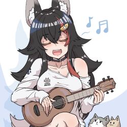  :3 aikohgin animal_ears black_hair blush breasts canine choker cleavage closed_eyes collarbone facing_viewer female fingernails hair_between_eyes highres holding holding_instrument hololive instrument music musical_note ookami_mio open_mouth playing_instrument shirt ukulele virtual_youtuber white_shirt wolf_ears 