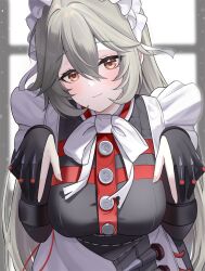  alexandrina_sebastiane black_gloves bow bowtie breasts closed_mouth female fingernails gloves grey_hair hair_between_eyes highres large_breasts long_hair looking_at_viewer lorian_(ahrs3558) maid maid_headdress orange_eyes partially_fingerless_gloves smile solo upper_body white_bow white_bowtie zenless_zone_zero 